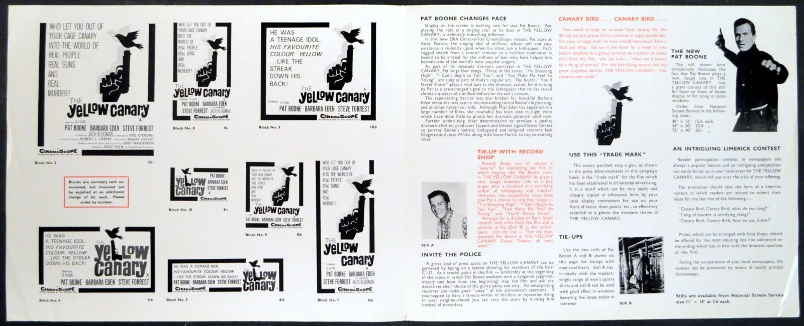 YELLOW CANARY 1963 Pat Boone, Barbara Eden, Steve Forrest UK PRESSBOOK, image 2