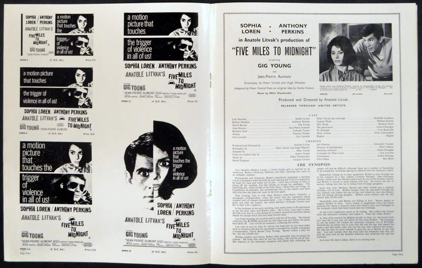 FIVE MILES TO MIDNIGHT 1962 Sophia Loren, Anthony Perkins UK CAMPAIGN BOOK, image 2
