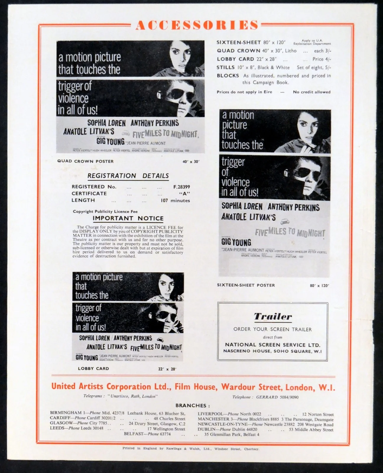 FIVE MILES TO MIDNIGHT 1962 Sophia Loren, Anthony Perkins UK CAMPAIGN BOOK, image 3