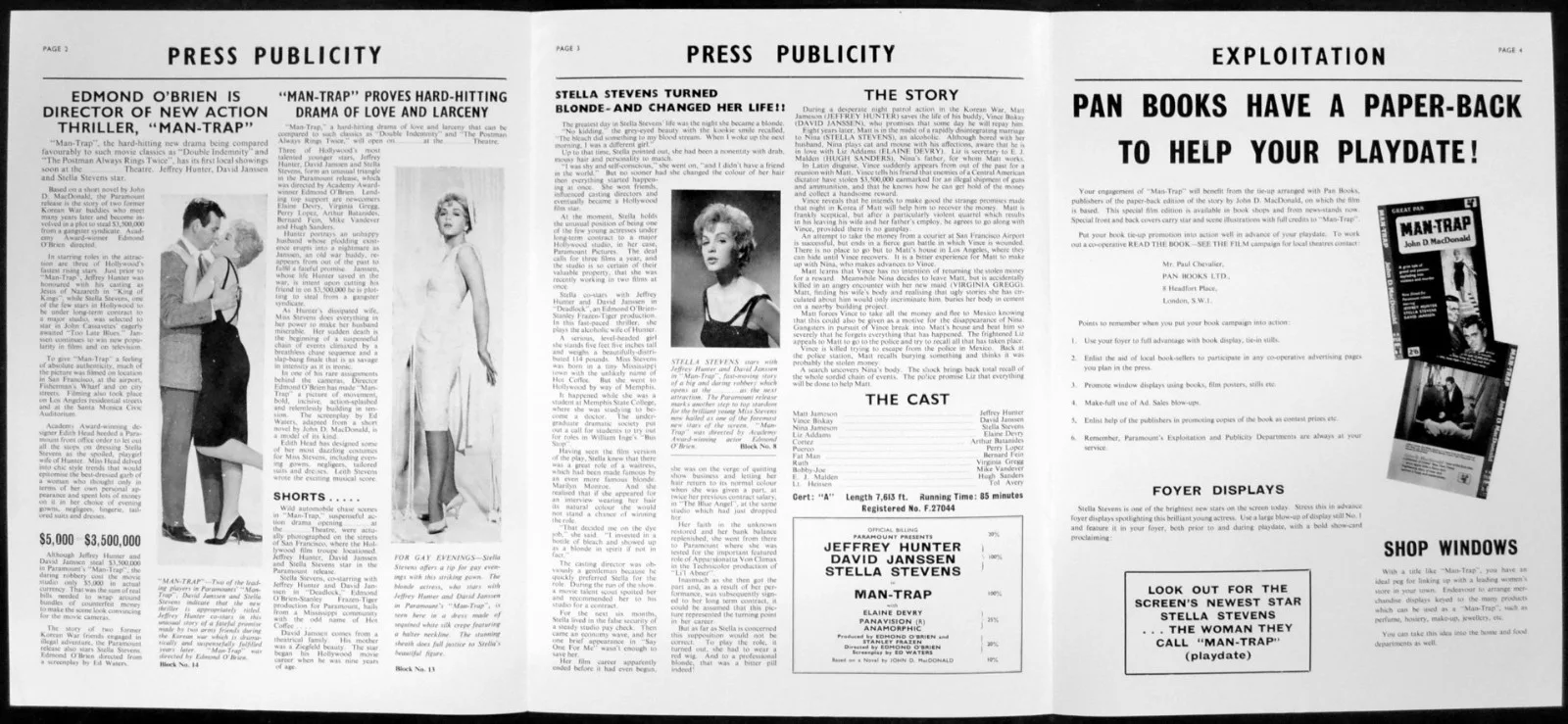 MAN-TRAP 1961 Jeffrey Hunter, David Janssen, Stella Stevens UK PRESSBOOK, image 2