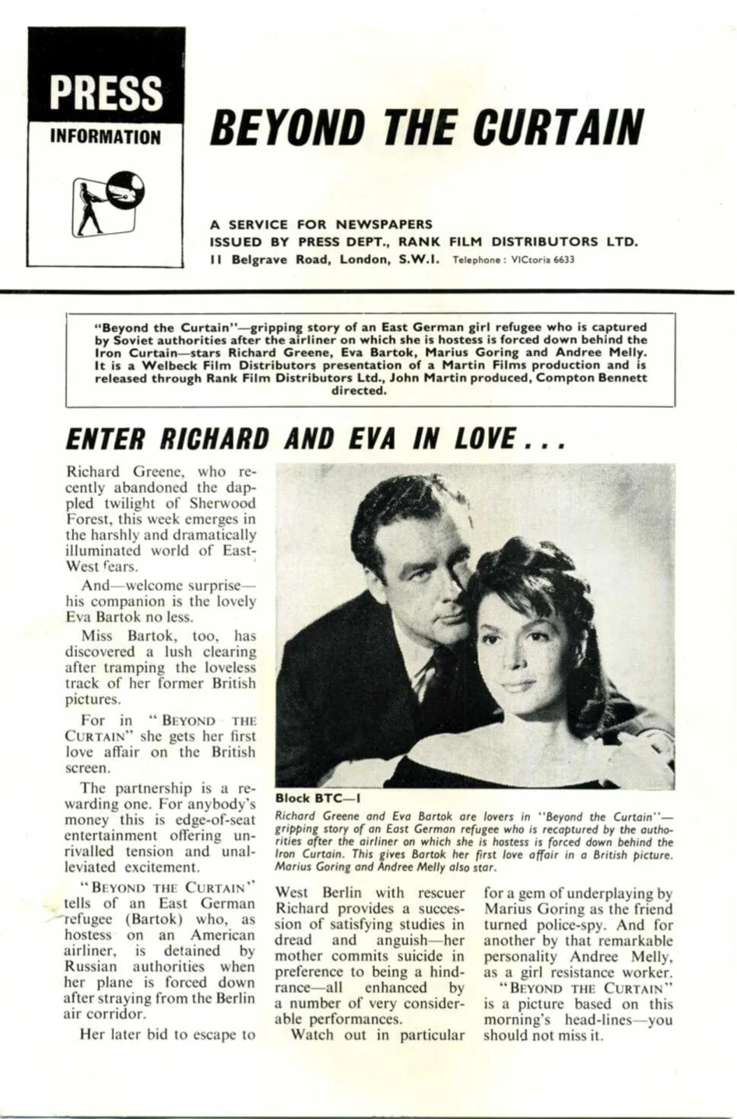 BEYOND THE CURTAIN 1960 Richard Greene, Eva Bartok UK PRESSBOOK, image 3