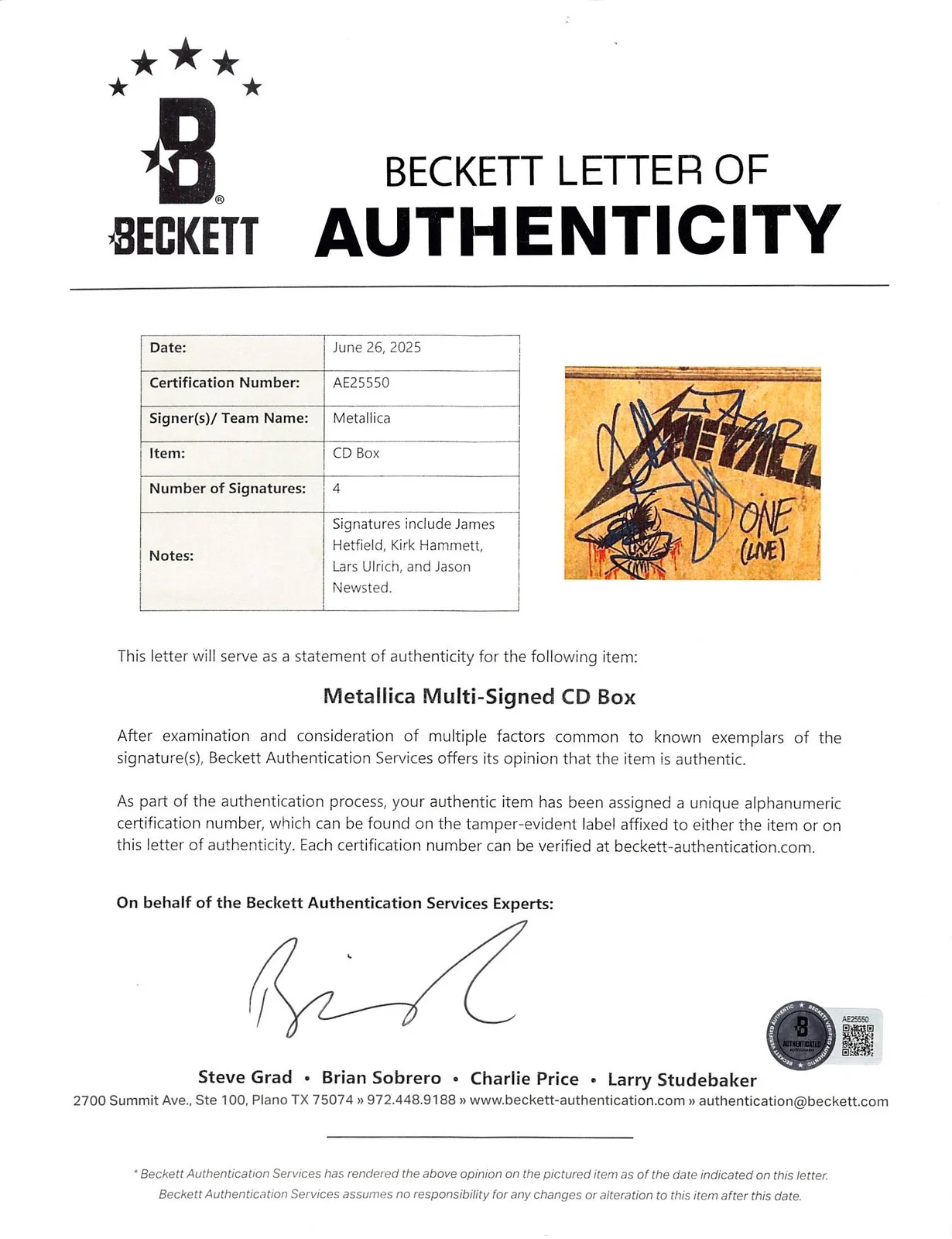 James Hetfield, Lars Ulrich, Kirk Hammett, Jason Newsted — Metallica (4) Hetfield, Ulrich, Hammett & Newsted Signed One CD Box BAS #AE25550, изображение 3
