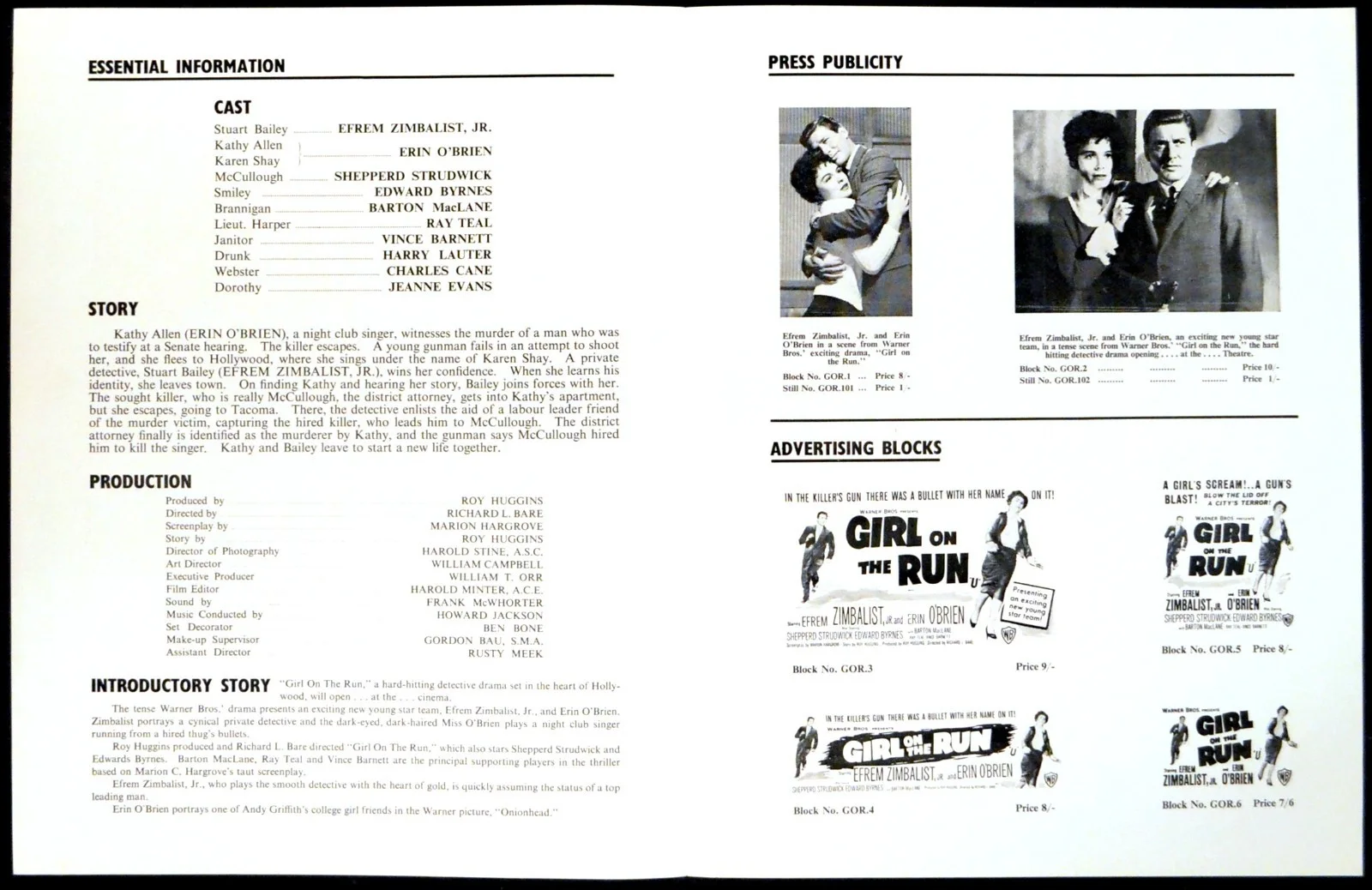 GIRL ON THE RUN 1958 Efrem Zimbalist Jr., Erin O'Brien UK CAMPAIGN BOOK, изображение 2