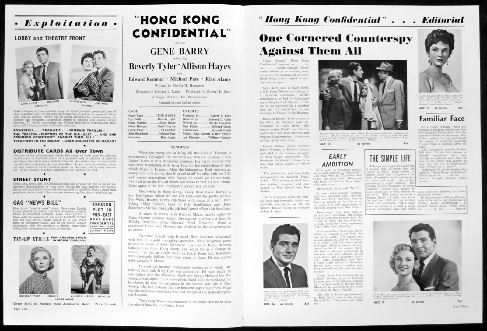 HONG KONG CONFIDENTIAL 1958 Gene Barry, Beverly Tyler UK CAMPAIGN BOOK, изображение 2