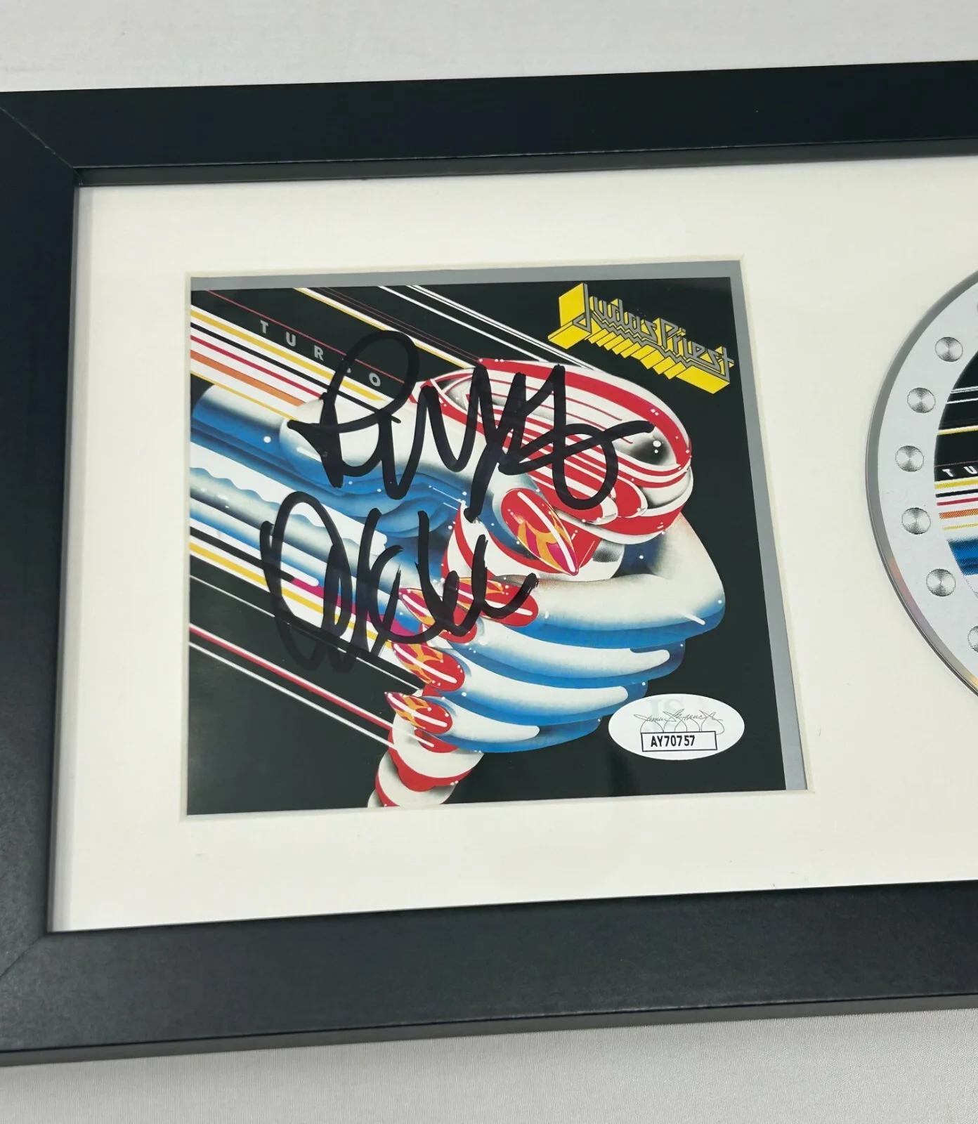 Rob Halford & Ian Hill of Judas Priest signed Turbo Framed CD Cover JSA COA, image 2