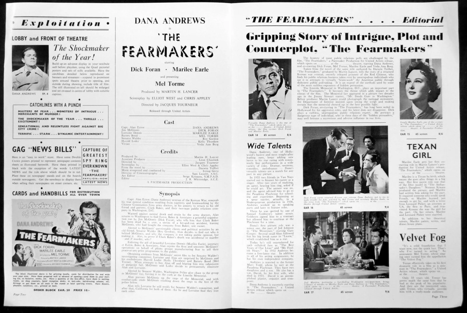 FEARMAKERS 1958 Dana Andrews, Dick Foran, Mel Torme UK CAMPAIGN BOOK, image 2