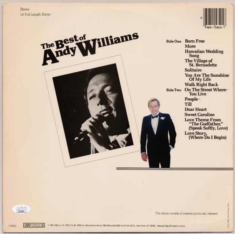 Andy Williams Autographed Signed Best Of Record Album JSA COA 31672, image 3