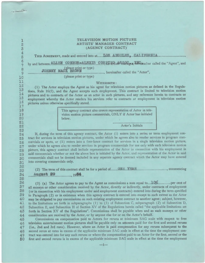 Johnny Mack Brown — Johnny Mack Brown Autographed Signed Football Actor Contract AMCo COA 19214, изображение 2