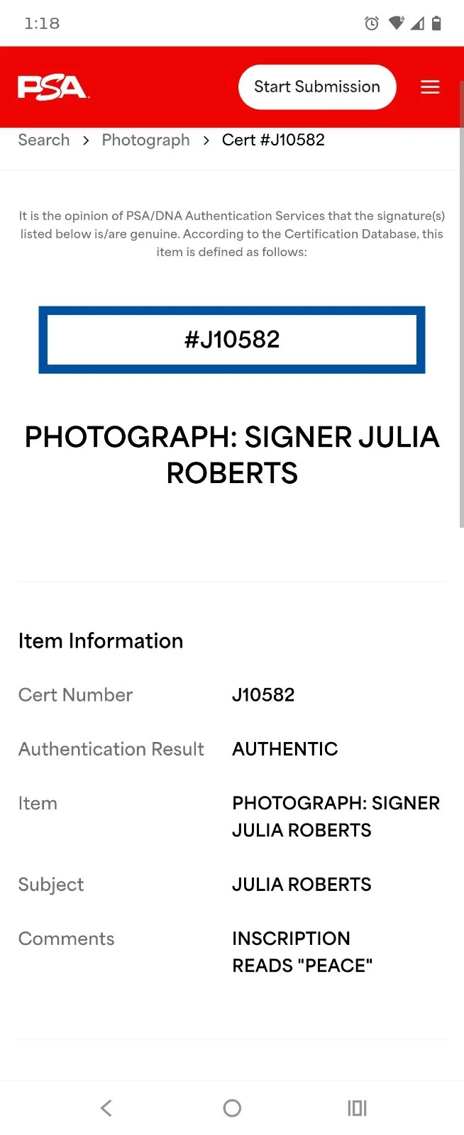 Julia Roberts — JULIA ROBERTS 16X20 PRETTY WOMAN FULL AUTO WITH "PEACE" INSCRIPTION & PSA CERT., изображение 5