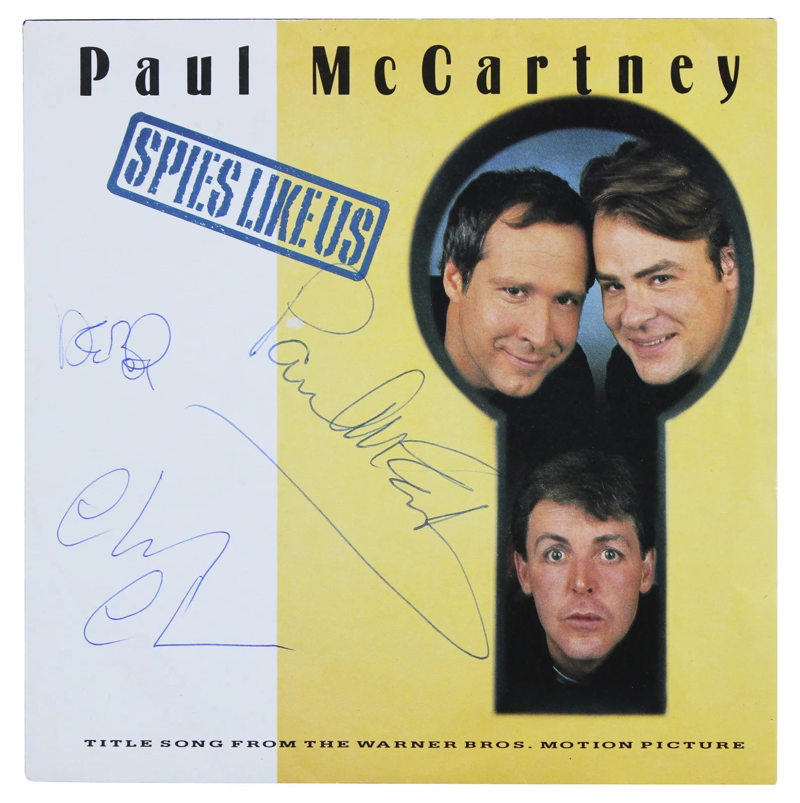 Paul McCartney, Chevy Chase, Dan Aykroyd — Spies Like Us (3) McCartney, Chase & Aykroyd Signed 45 RPM Album Cover BAS LOA, изображение 2