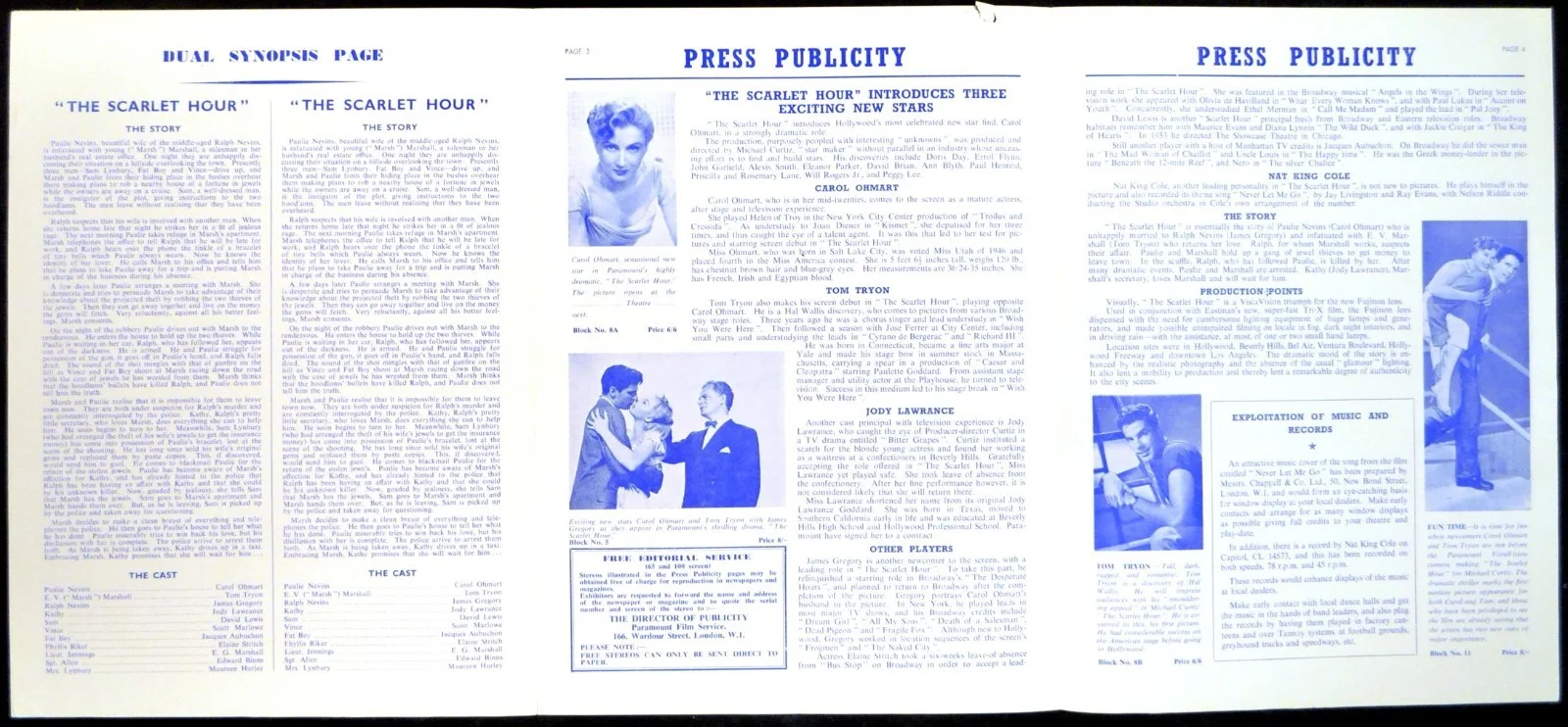 SCARLET HOUR 1956 Carol Ohmart, Tom Tryon, Jody Lawrance UK PRESSBOOK, изображение 2