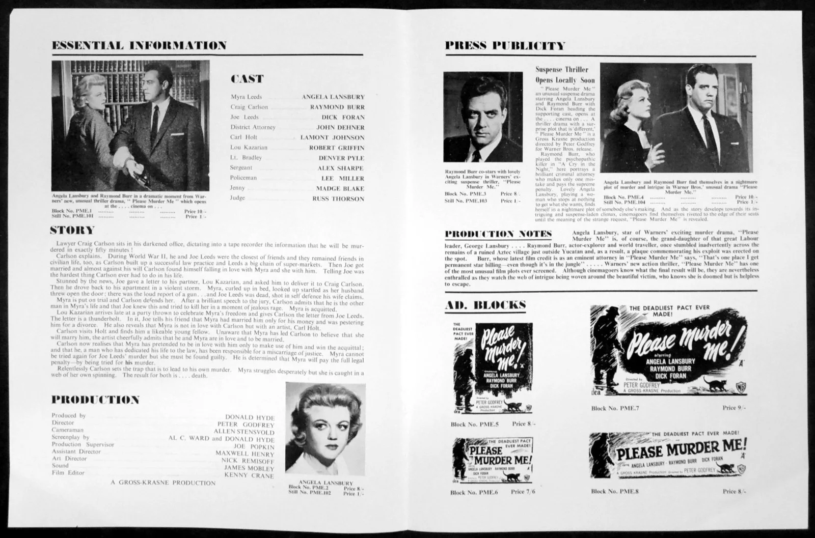 PLEASE MURDER ME! 1956 Angela Lansbury, Raymond Burr Dick Foran UK CAMPAIGN BOOK, изображение 2