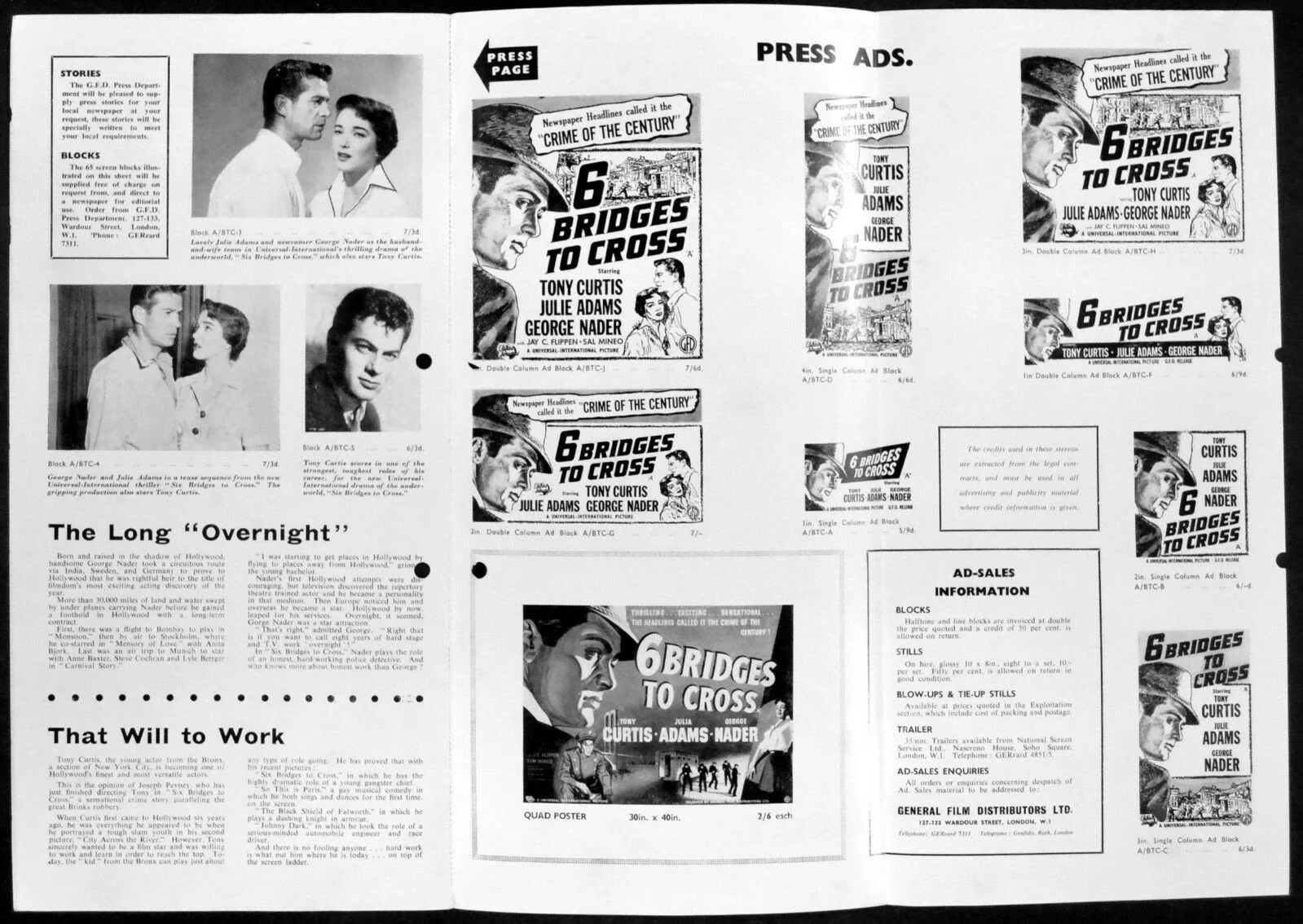 6 BRIDGES TO CROSS 1955 Tony Curtis, Julie Adams, George Nader UK CAMPAIGN BOOK, изображение 2