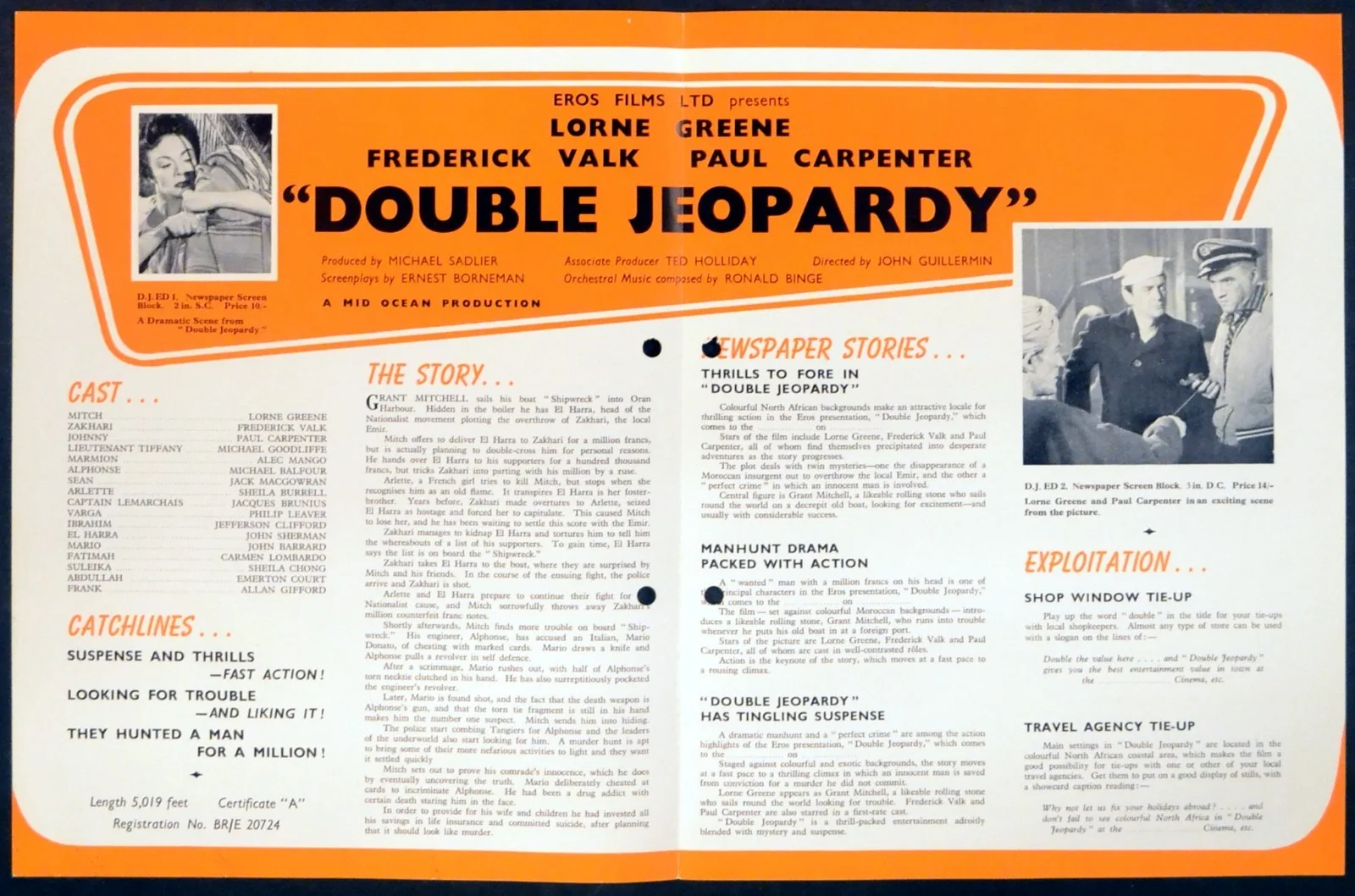 DOUBLE JEOPARDY 1955 Lorne Greene Frederick Valk Paul Carpenter UK CAMPAIGN BOOK, изображение 2