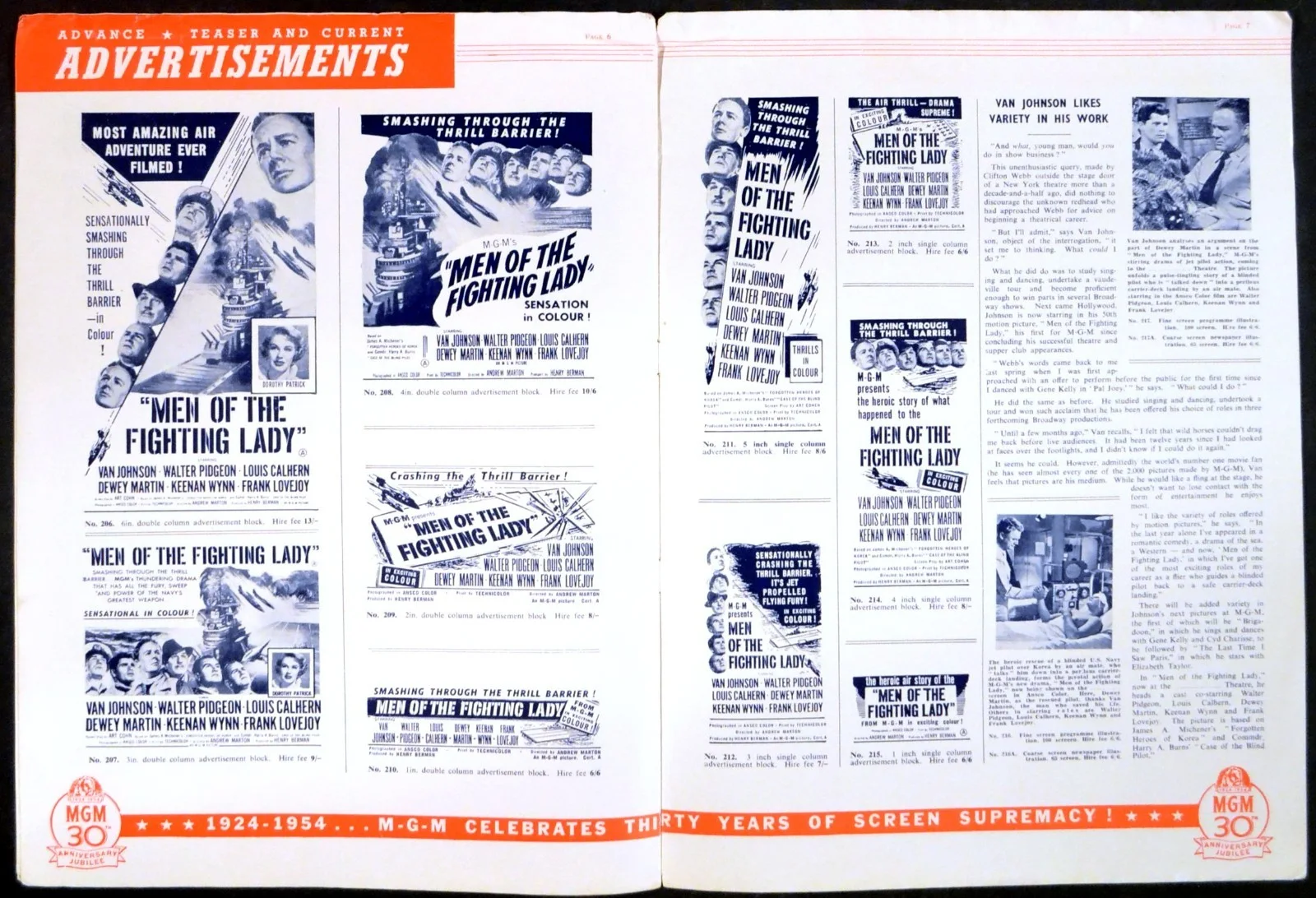 MEN OF THE FIGHTING LADY 1954 Van Johnson Walter Pidgeon Louis Calhern PRESSBOOK, изображение 2