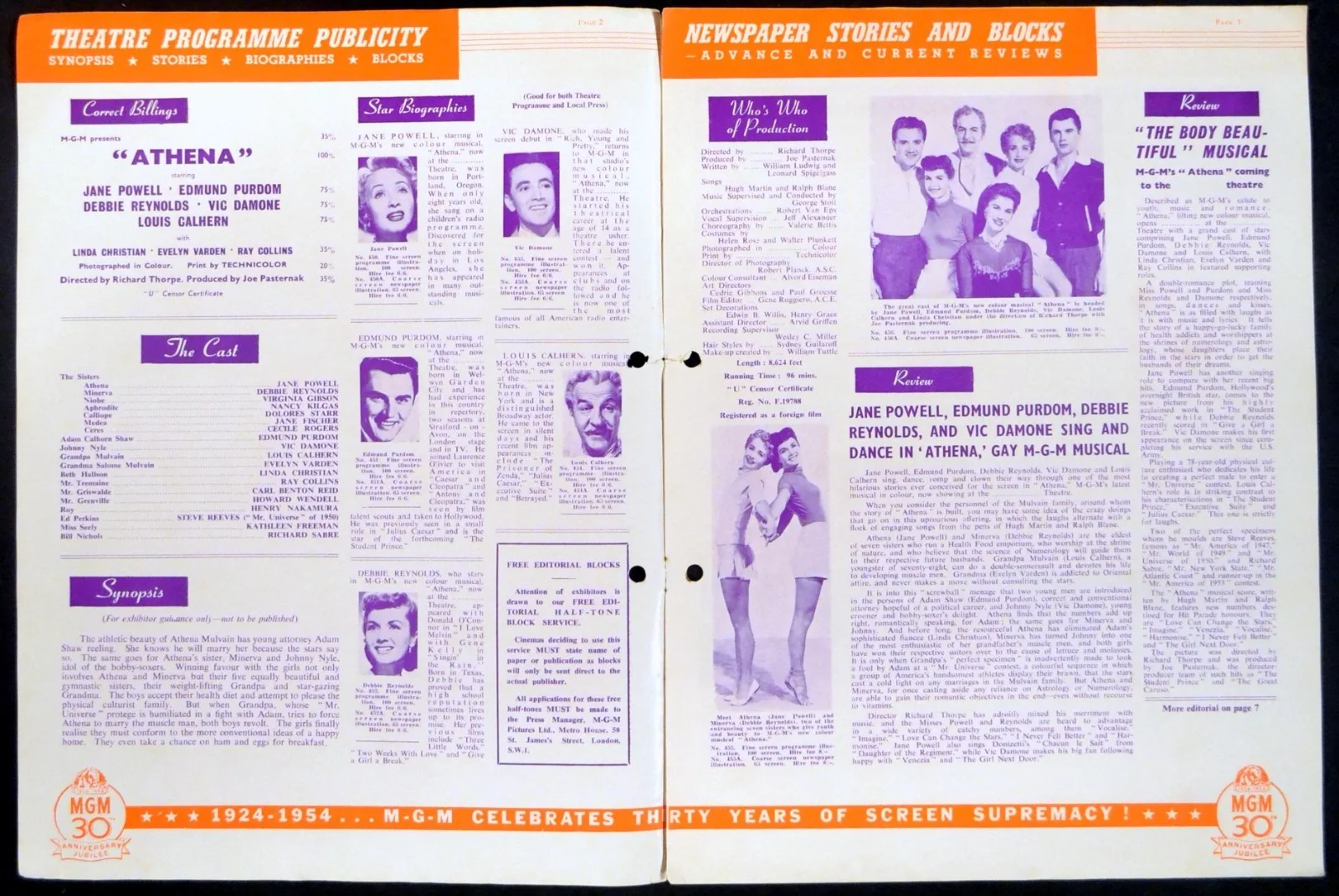 ATHENA 1954 Jane Powell, Edmund Purdom, Debbie Reynolds UK PRESSBOOK, image 2