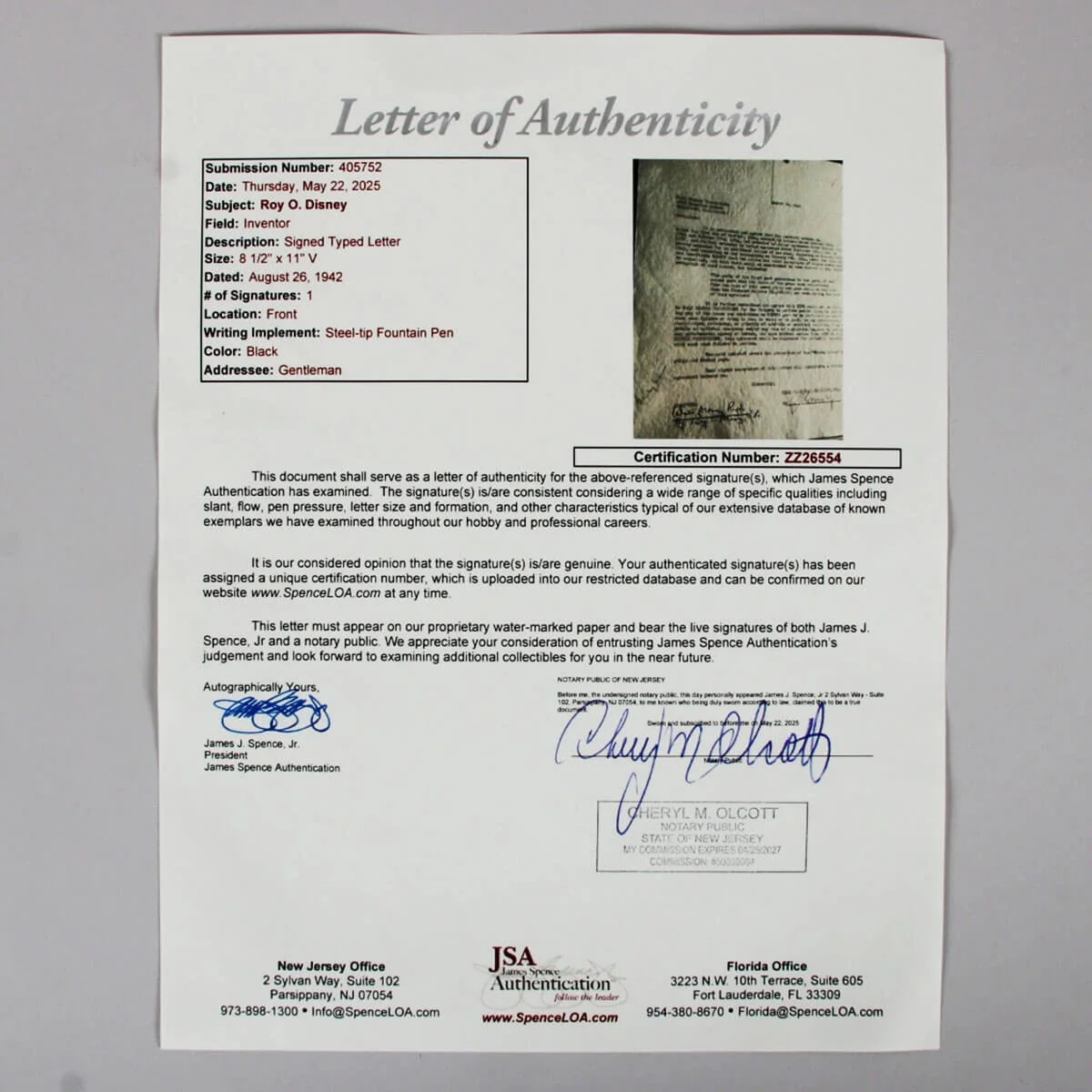 Roy O. Disney Signed Document Contract Amendment - COA JSA, image 5