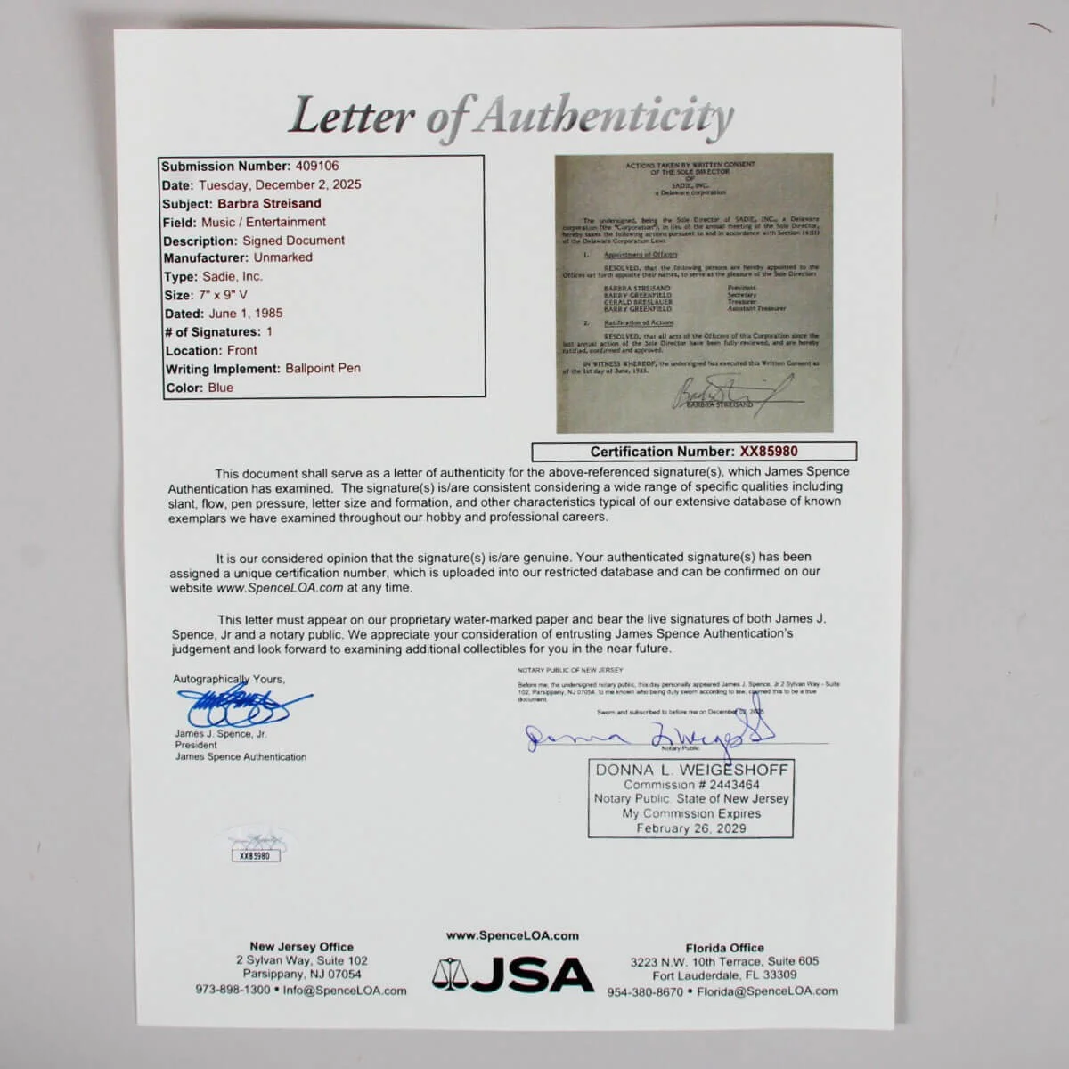 Barbra Streisand Signed Letter Display - COA JSA, image 5
