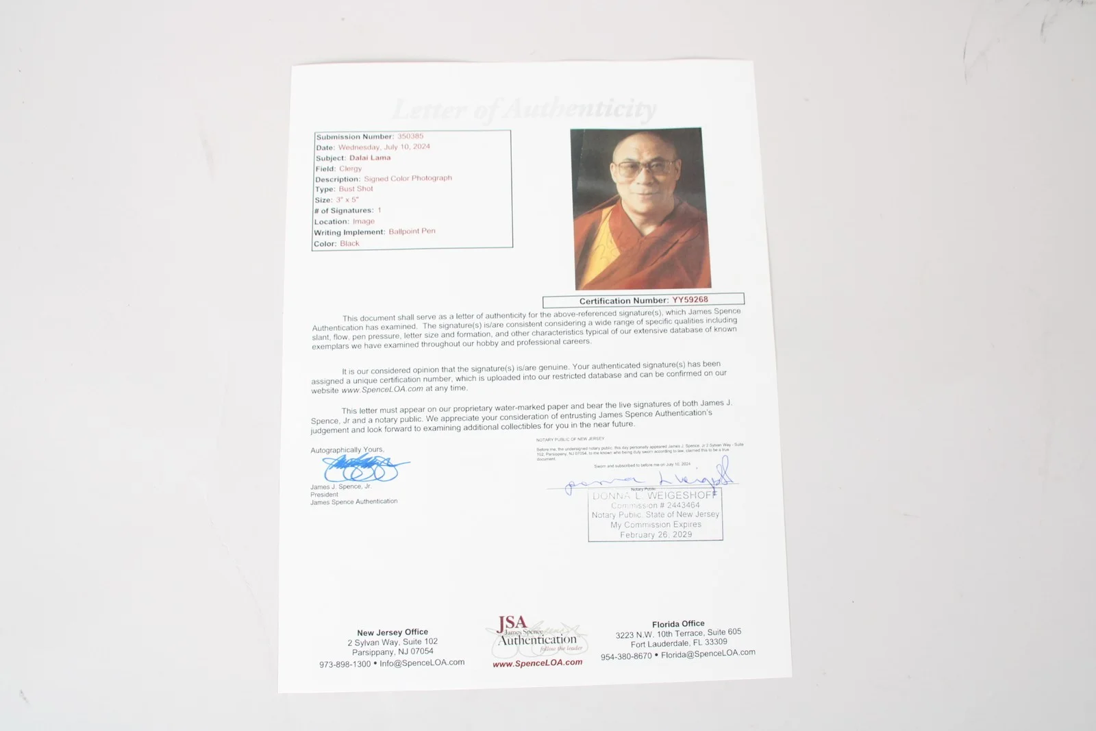 Dalai Lama Signed Photo 3.5 x 5 - COA JSA, image 4