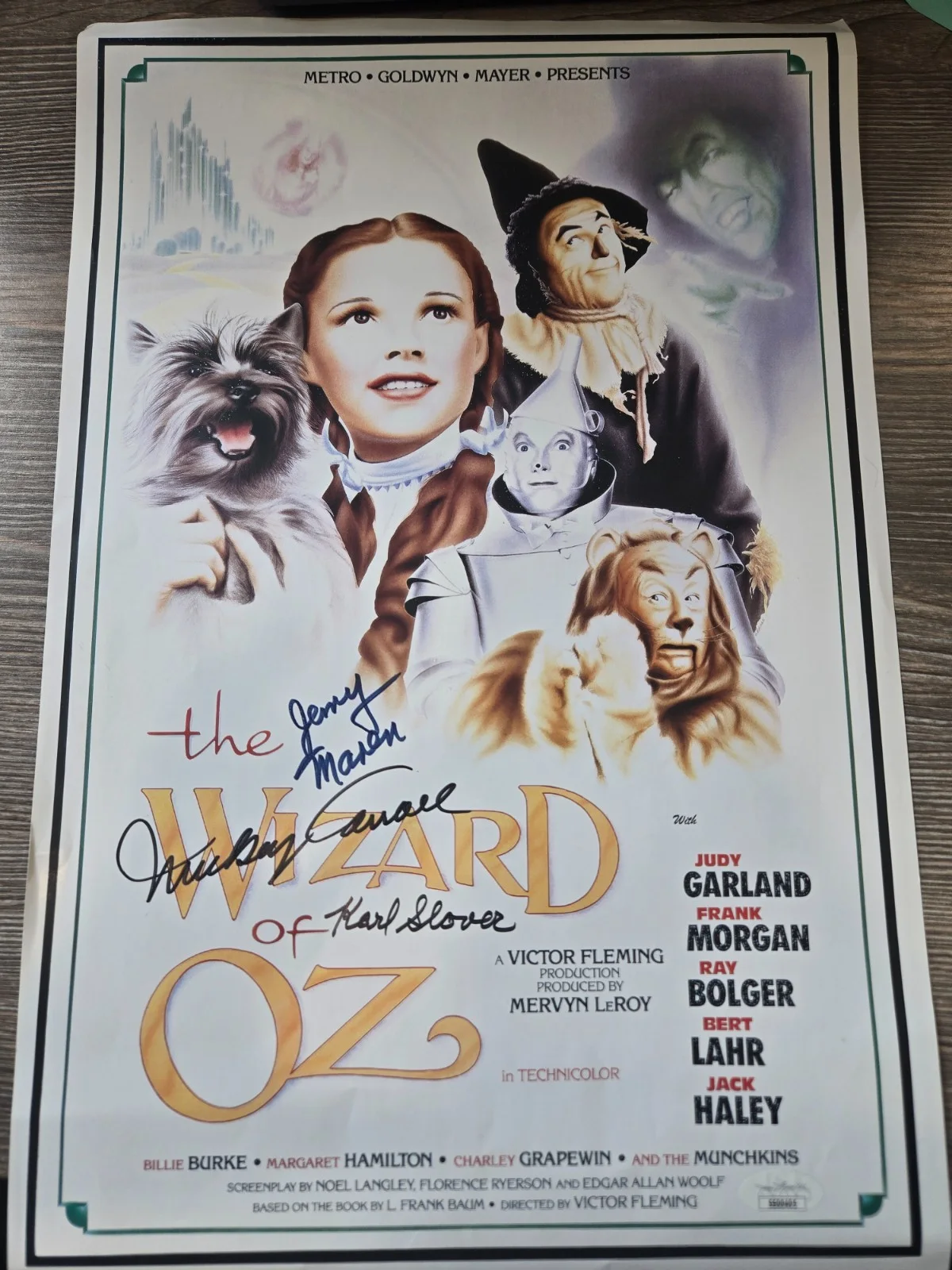 Mickey Carroll, Jerry Maren & Karl Slover — Wizard of Oz Poster Signed x3 Munchkins Jerry Maren Karl Slover JSA COA