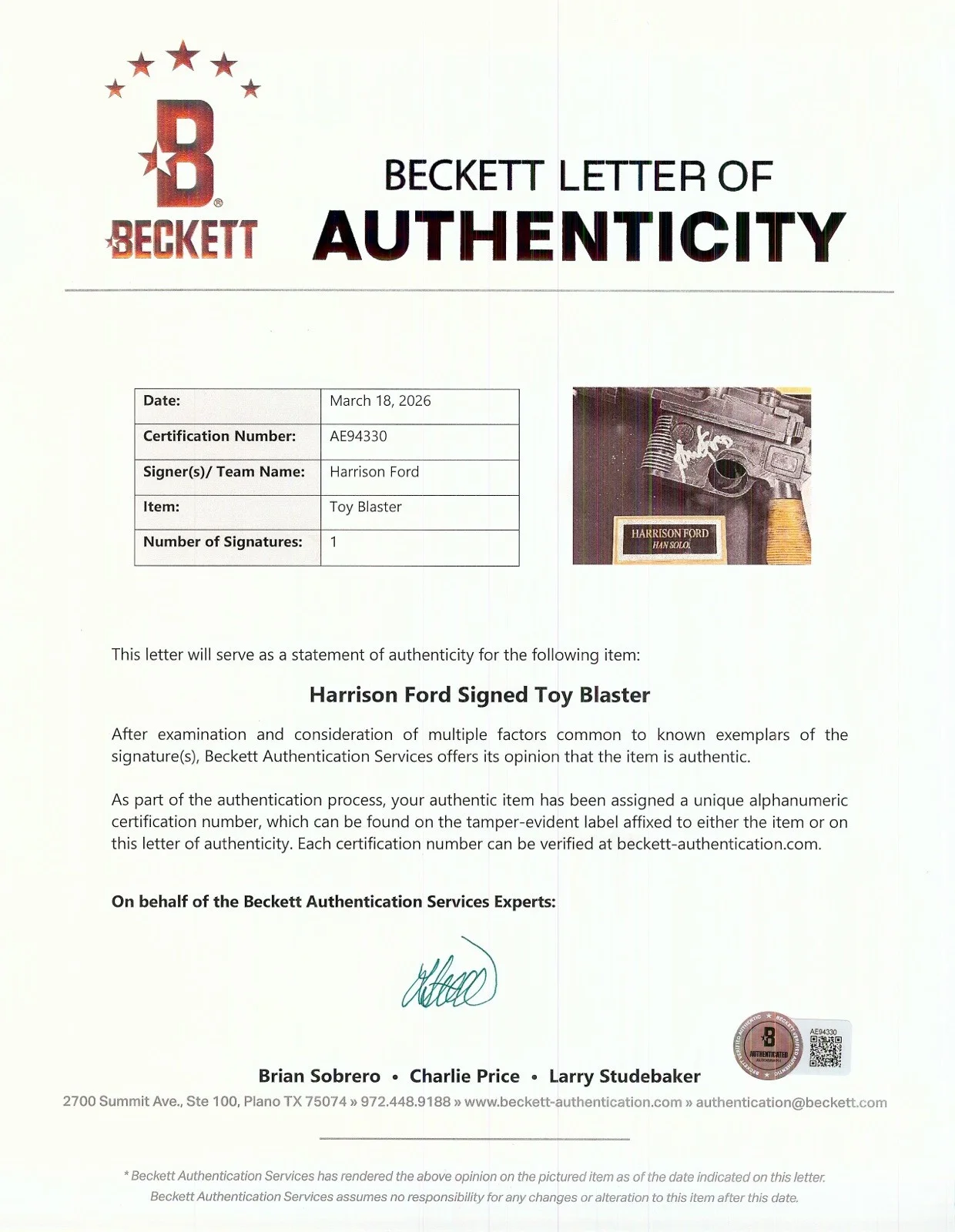 Harrison Ford — Harrison Ford Signed Star Wars Han Solo Blaster Gun Prop Beckett Framed, image 2