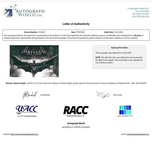 Kevin Conroy, Troy Baker, Nolan North, Tara Strong — Kevin Conroy Batman Arkham Knight Multi Signed 11 x17 Photo Autograph World COA, image 2