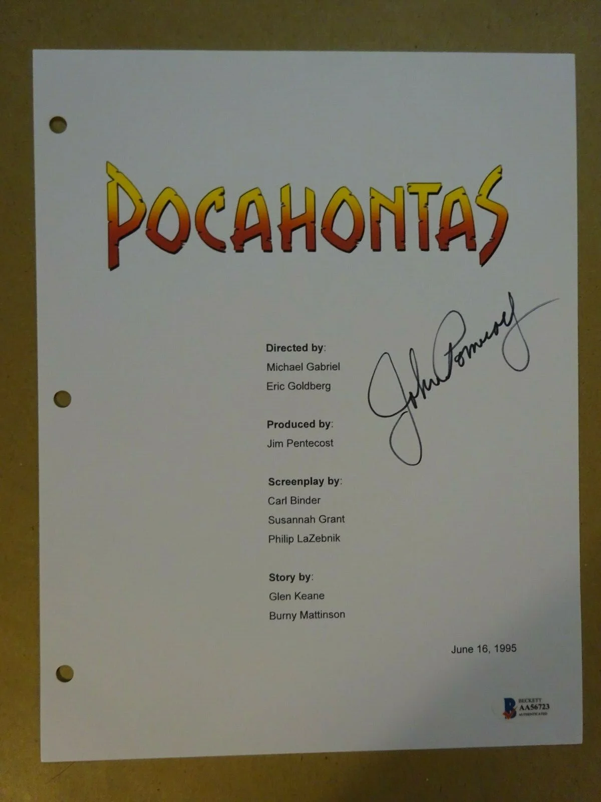 John Pomeroy — Autographed JOHN POMEROY Signed Disney POCAHONTAS Script Cover BECKETT BAS COA, image 2