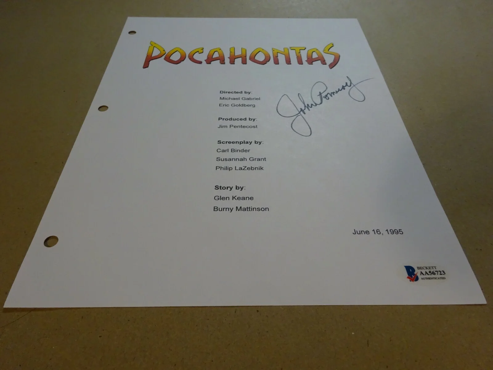 John Pomeroy — Autographed JOHN POMEROY Signed Disney POCAHONTAS Script Cover BECKETT BAS COA, image 3