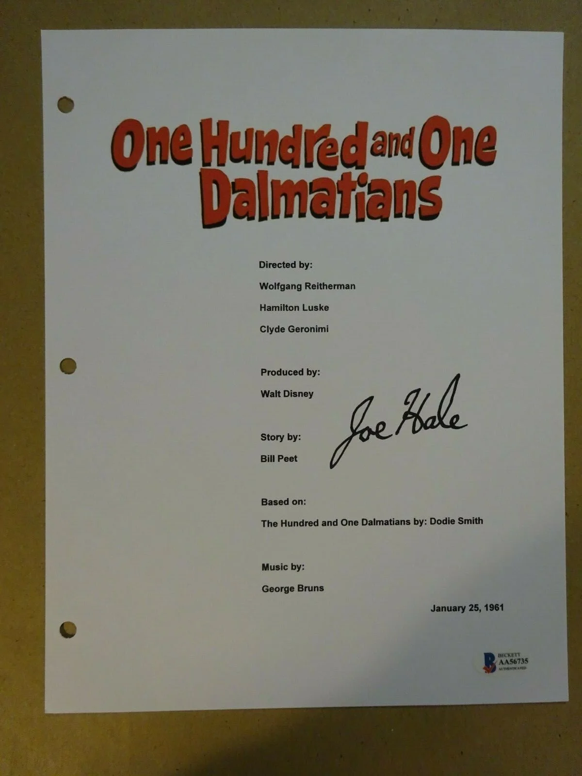 Joe Hale — Autographed JOE HALE ONE HUNDRED AND ONE DALMATIANS Script Cover BECKETT BAS COA, image 2