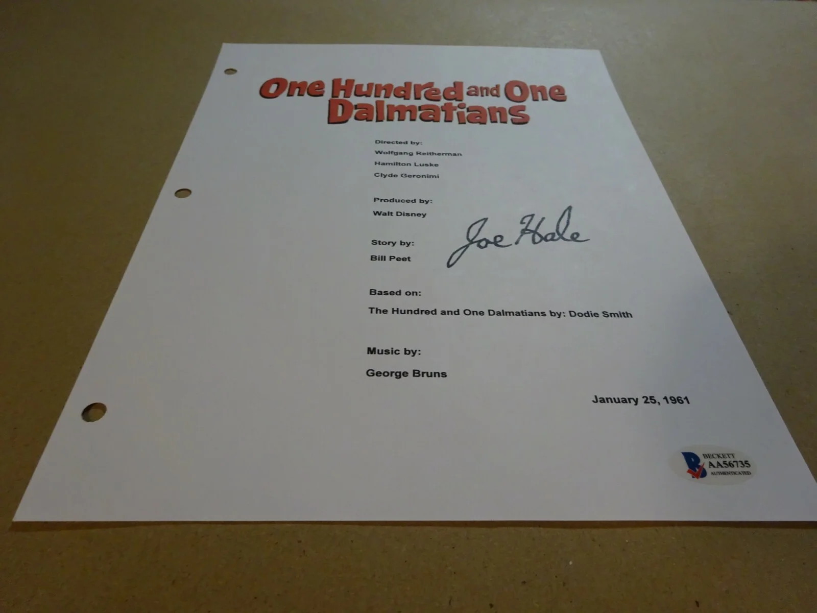 Joe Hale — Autographed JOE HALE ONE HUNDRED AND ONE DALMATIANS Script Cover BECKETT BAS COA, image 3