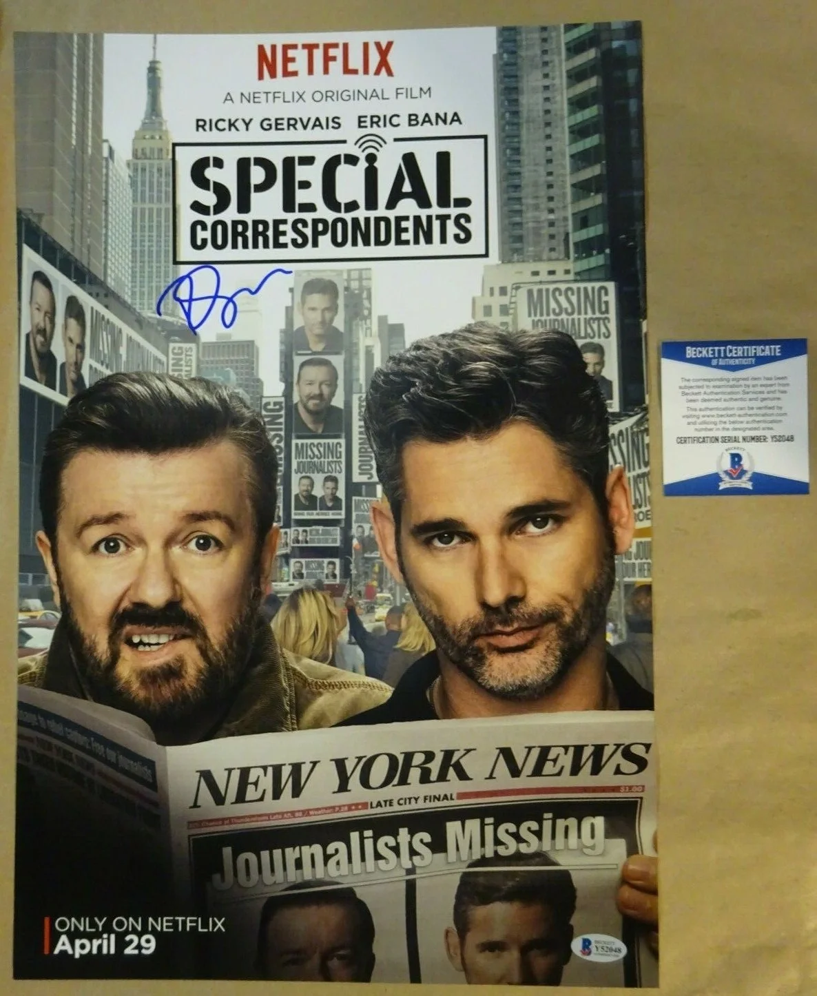 Ricky Gervais — Signed RICKY GERVAIS Autographed SPECIAL CORRESPONDENTS 12"x18" Photo BAS COA