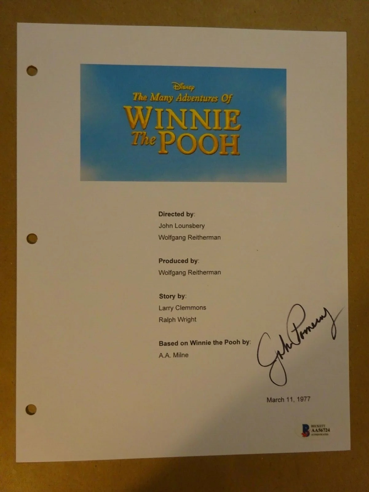 John Pomeroy — Autographed JOHN POMEROY Signed WINNIE THE POOH Script Cover BECKETT BAS COA, image 2