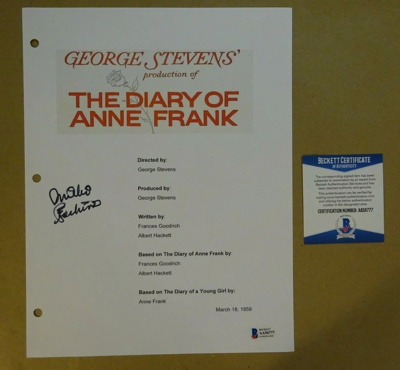 Millie Perkins — Autographed MILLIE PERKINS Signed DIARY OF ANNE FRANK Script Cover BECKETT COA