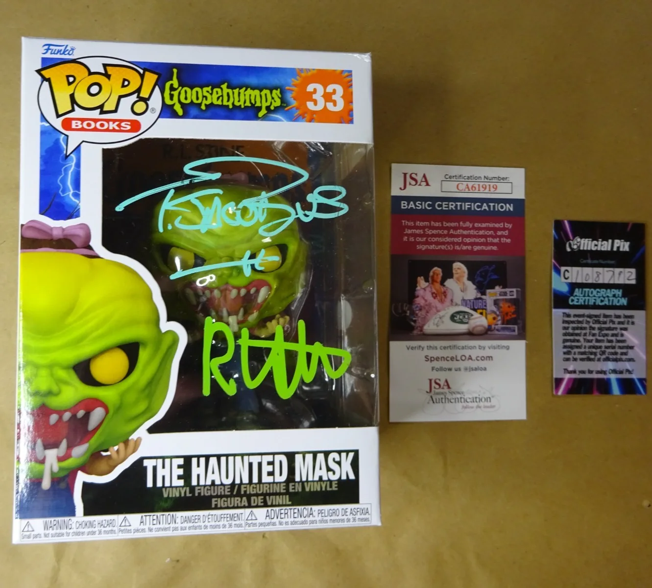 RL Stine & Tim Jacobus — Signed RL Stine & Tim Jacobus The Haunted Mask Goosebumps Funko Pop JSA OPIX COA