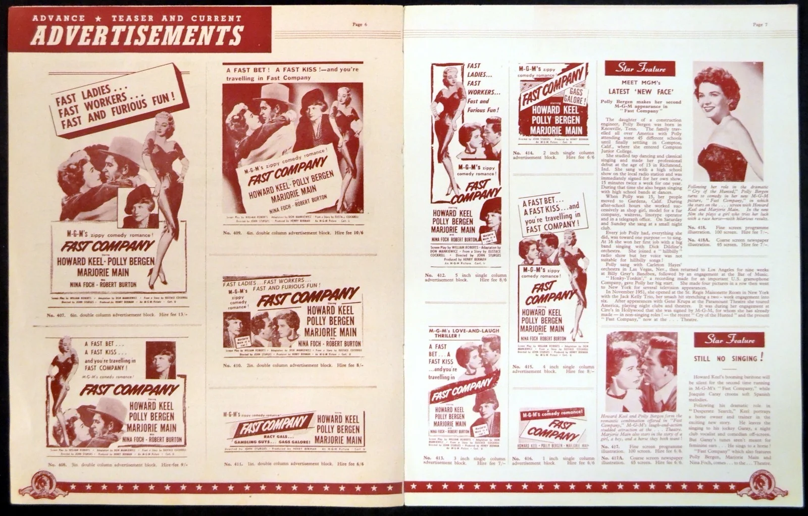 FAST COMPANY 1953 Howard Keel, Polly Bergen, Marjorie Main UK PRESSBOOK, изображение 2