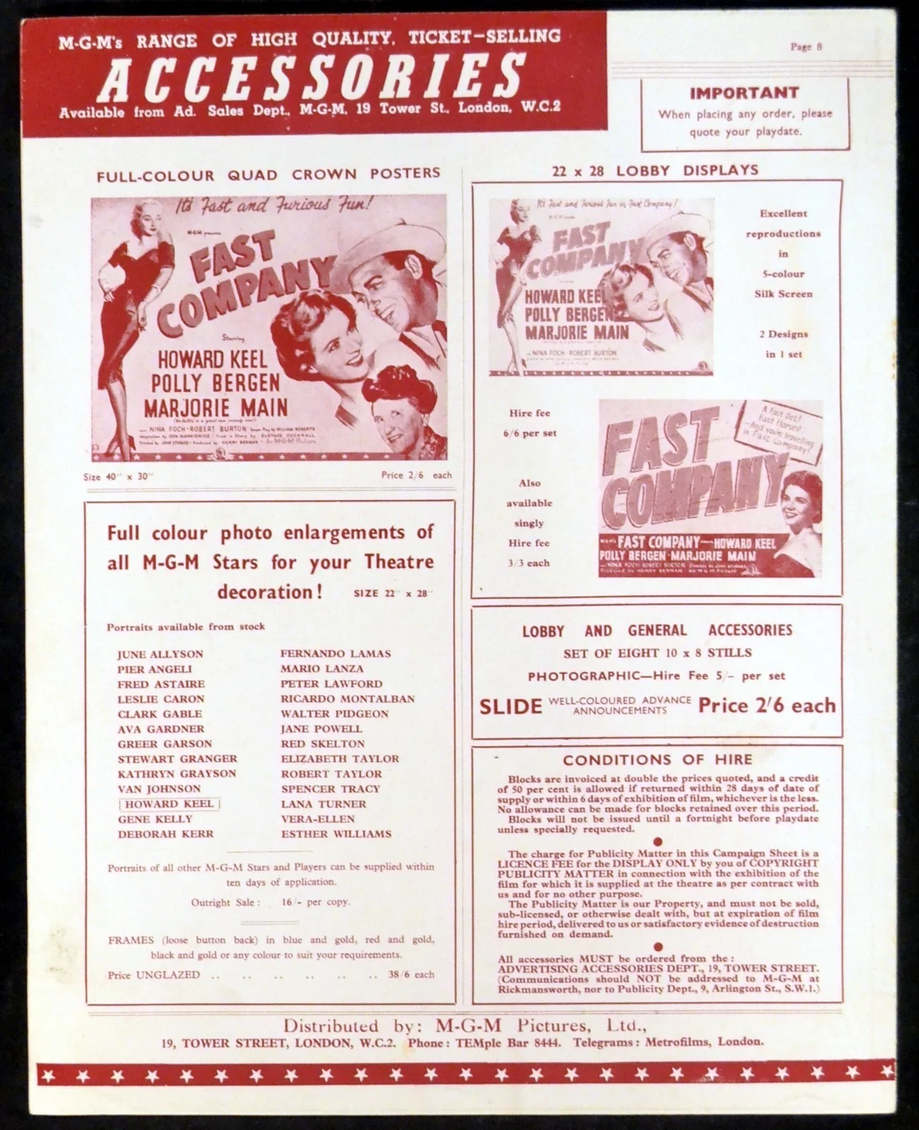 FAST COMPANY 1953 Howard Keel, Polly Bergen, Marjorie Main UK PRESSBOOK, изображение 3