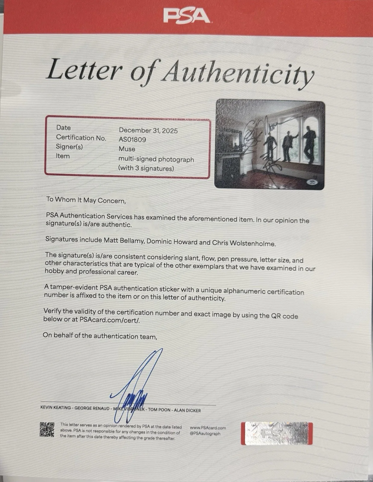 MUSE Band Fully-Signed Autographed 8x10” Photo w/ PSA DNA Letter Matt Bellamy, изображение 2