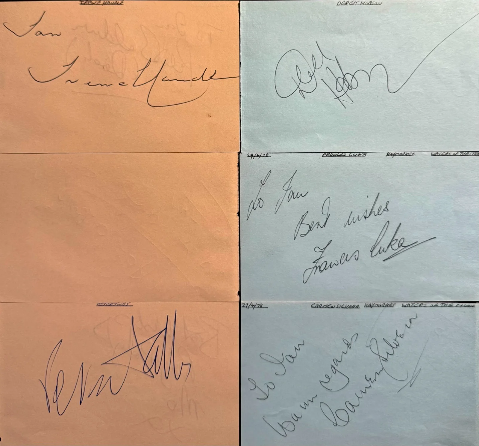 18 total Frances Cuka, Norman Wisdom, Irene Handl, Peter Baldwin — AUTOGRAPH LOT (1 8) BRITISH Actors & Actresses Signed 3"x5" ALBUM PAGES 10 PAGES, изображение 2