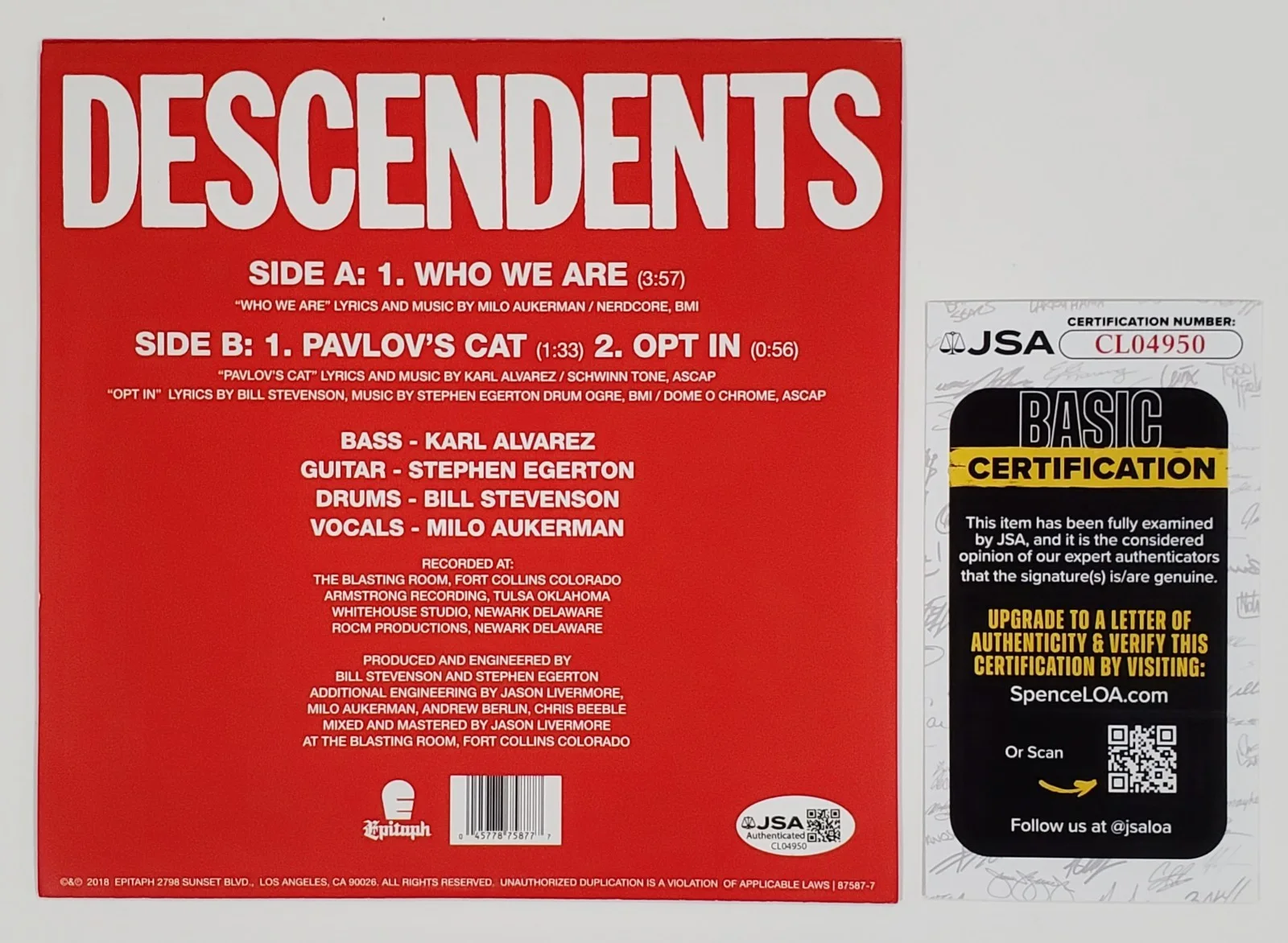 DESCENDENTS BAND SIGNED WHO WE ARE 7" VINYL RSD SINGLE RECORD W/ JSA CERT, image 2