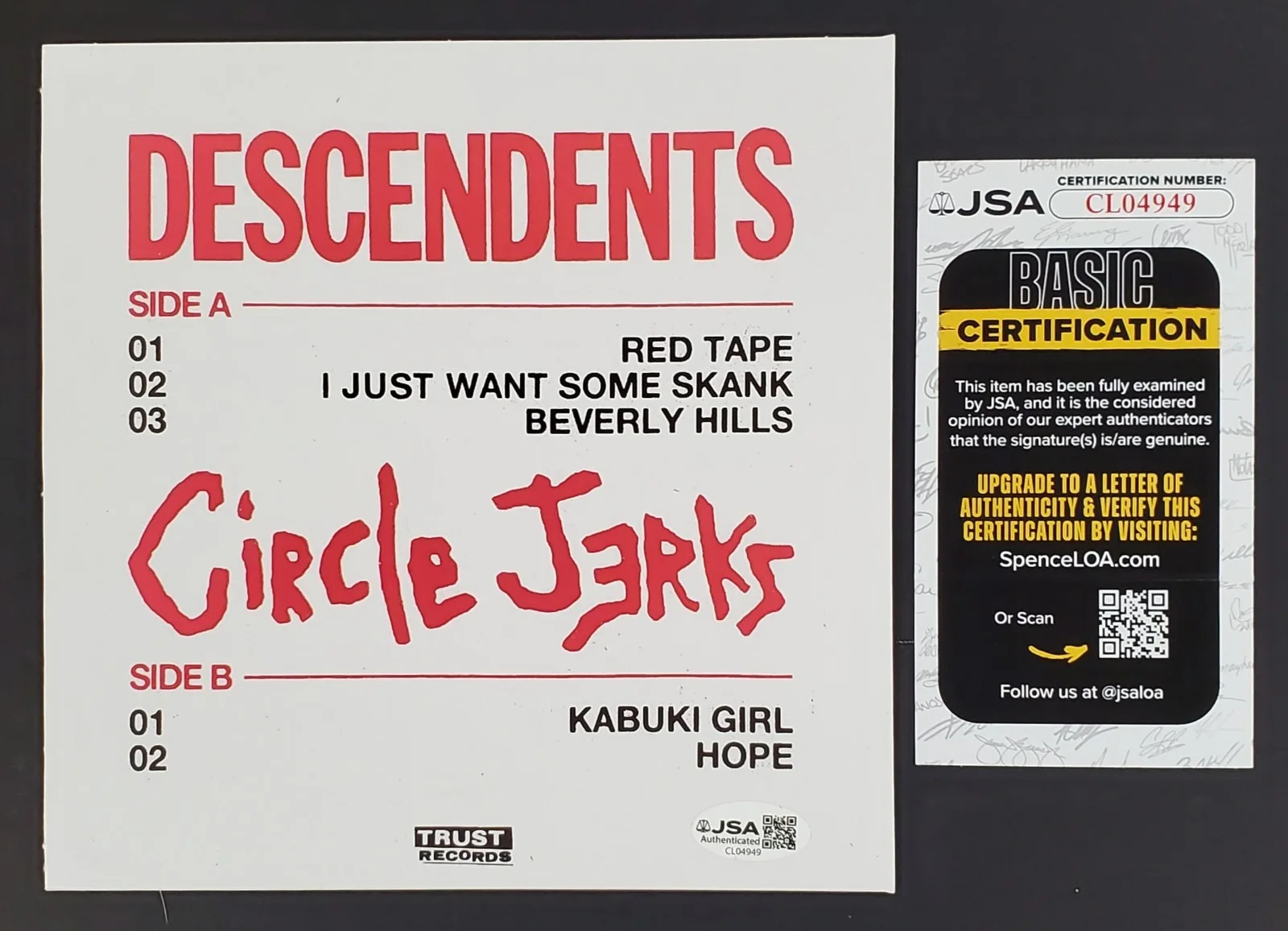 DESCENDENTS BAND SIGNED RED TAPE 7" VINYL SINGLE RECORD JSA CERT CIRCLE JERKS, image 2