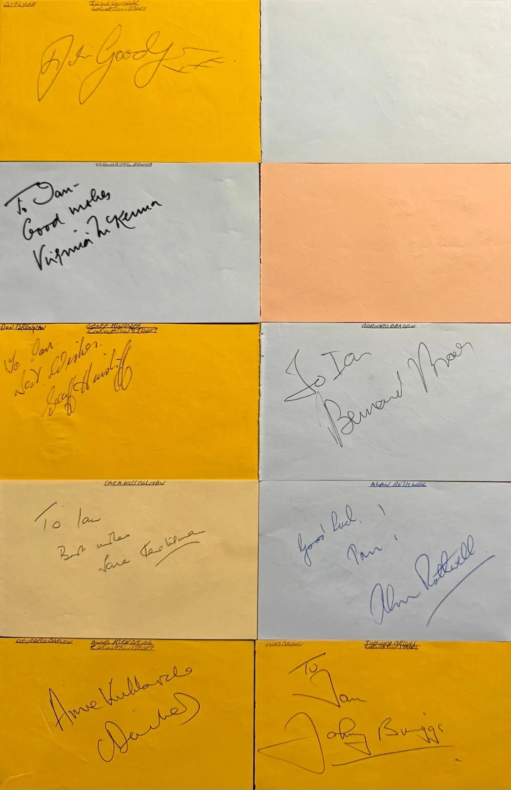 18 total Dilys Watling, Frank Bruno, Roy Hudd, Virginia McKenna — AUTOGRAPH LOT (1 8) BRITISH Actors & Actresses Signed 3x5 ALBUM PAGES 10 PAGES, изображение 5