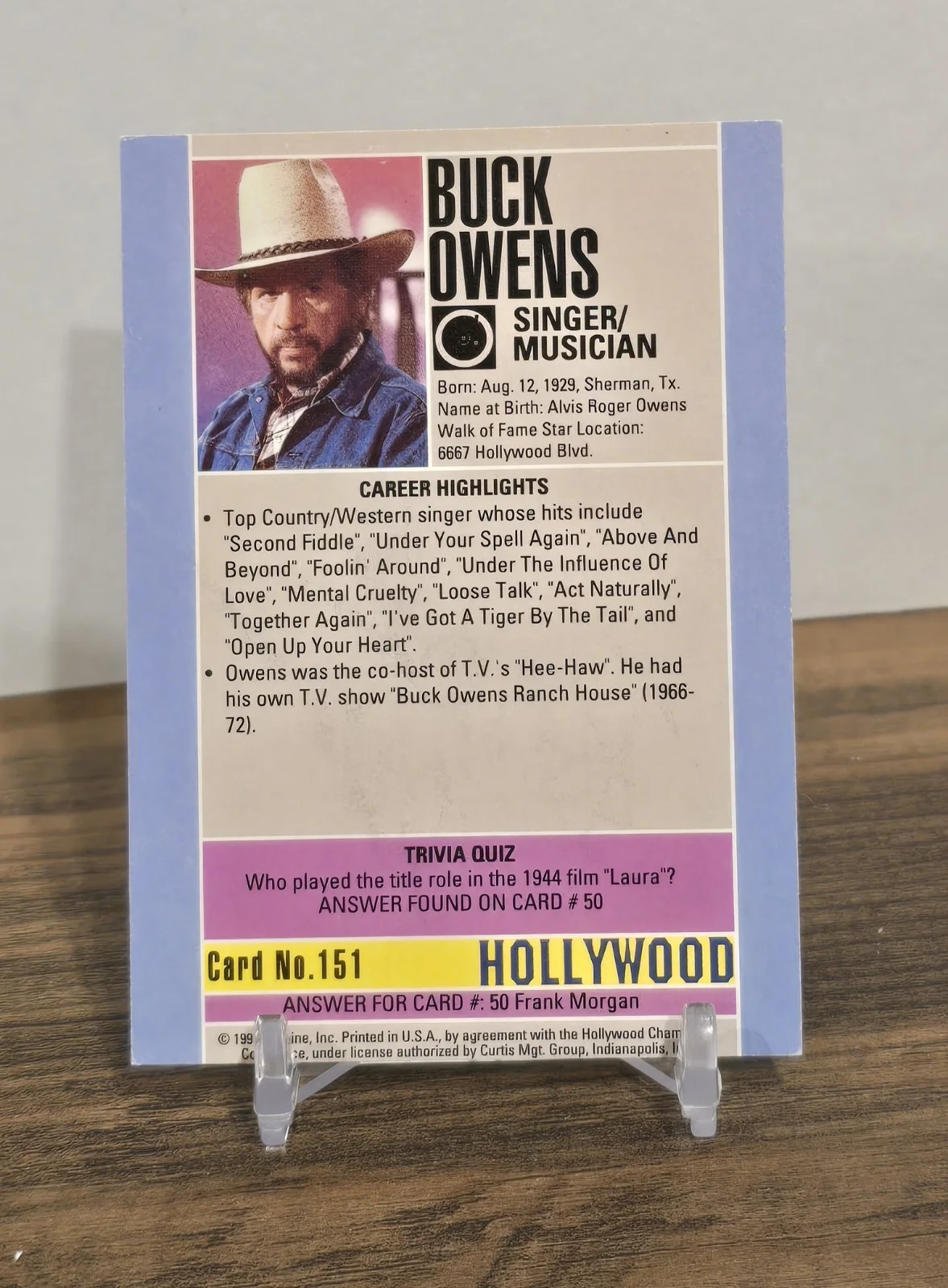 1991 STARLINE BUCK OWENS AUTOGRAPH AUTO SIGNED HOLLYWOOD COUNTRY MUSIC SINGER, изображение 2