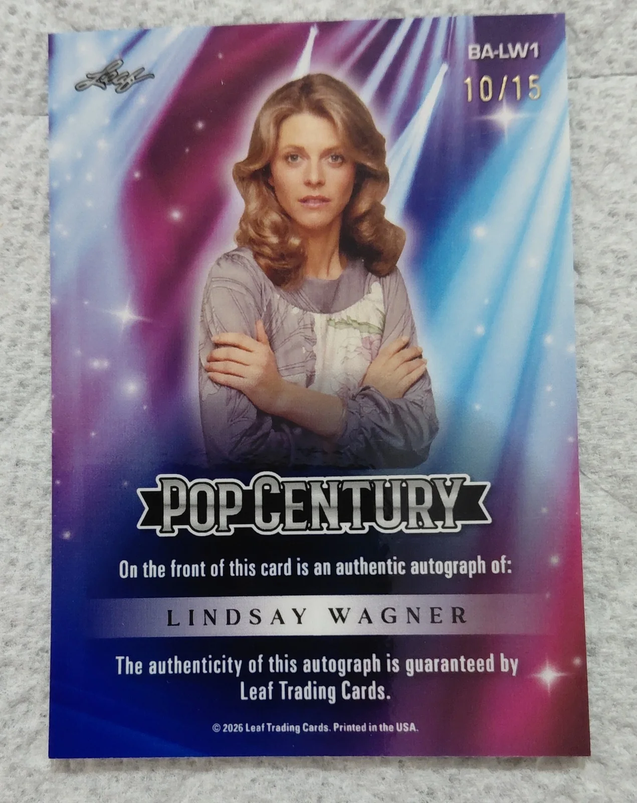 LINDSAY WAGNER — 2026 POP CENTURY. LINDSAY WAGNER. BIONIC WOMAN. AUTOGRAPH. BLUE CRYSTAL. 10/15., image 2