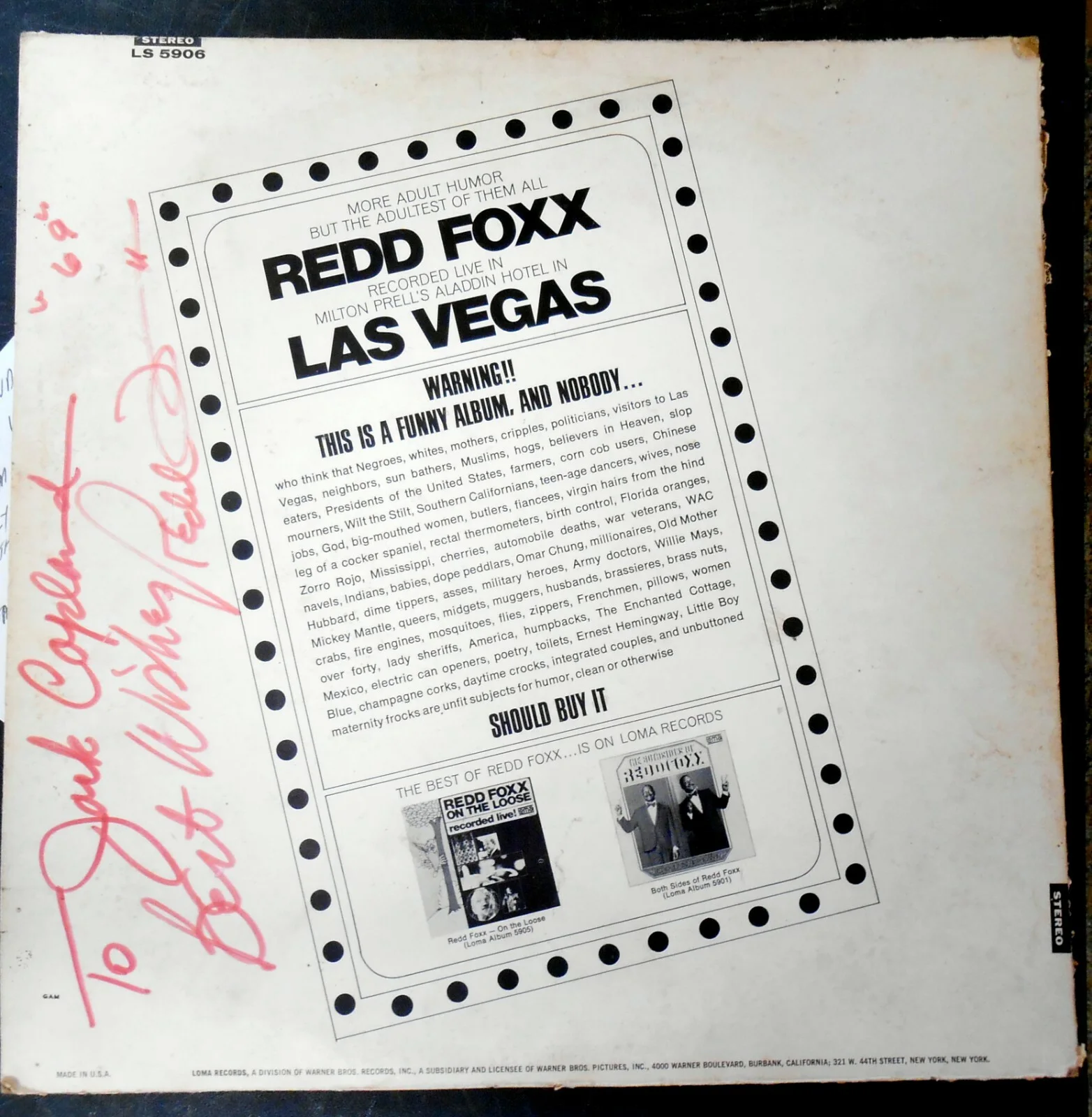 Redd Foxx — Rare Original Hand Signed Redd Foxx "Live Las Vegas" Album & Album Cover 1969, изображение 2