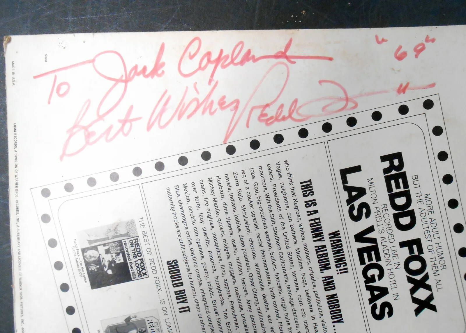 Redd Foxx — Rare Original Hand Signed Redd Foxx "Live Las Vegas" Album & Album Cover 1969, изображение 3