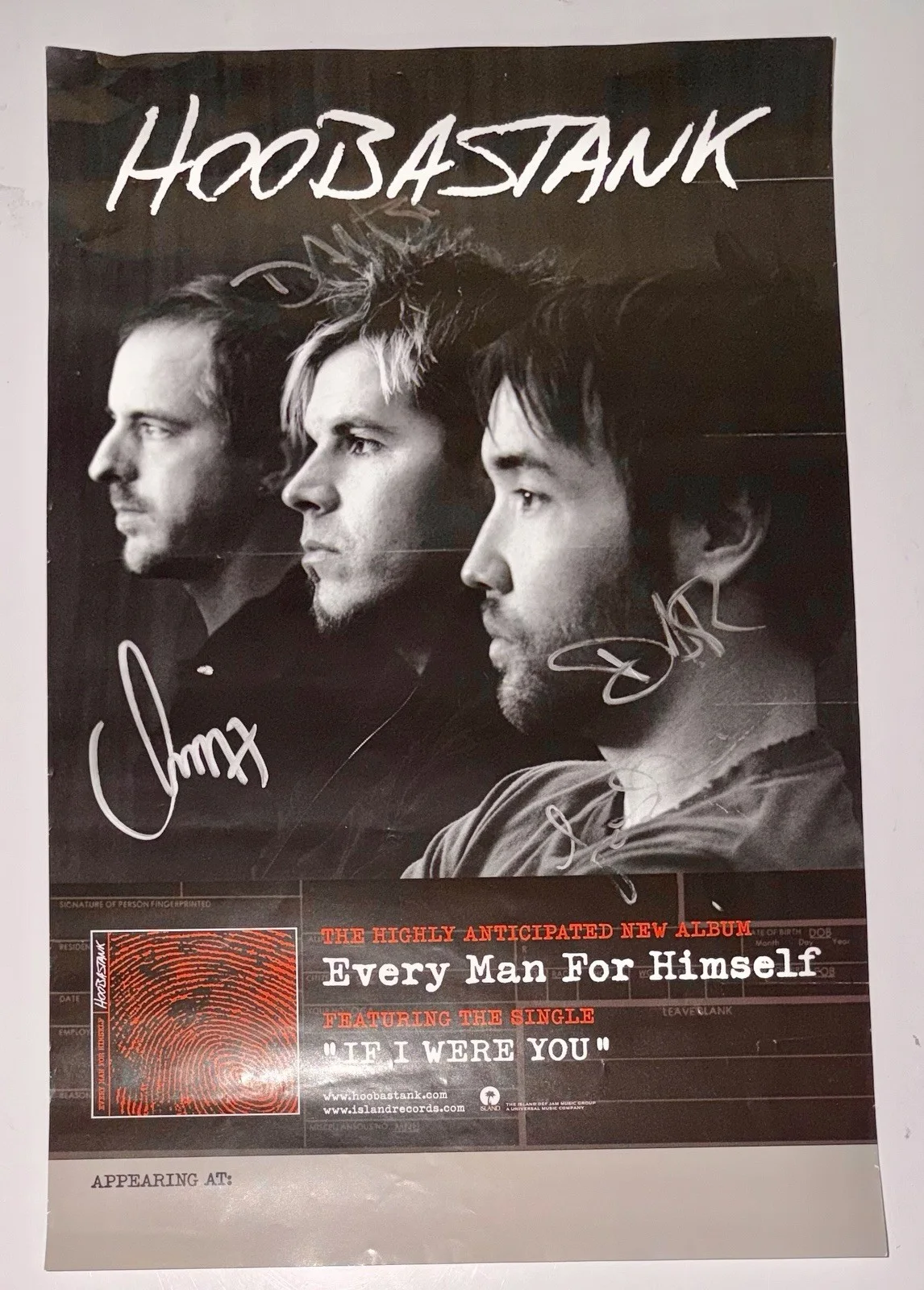 HOOBASTANK — Hoobastank SIGNED Poster 11x17 Autographed Doug Robb “Every Man For Himself”