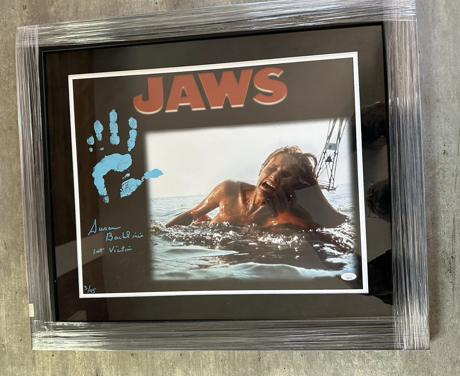 Jaws 1st Victim Susan Backlinie — JAWS 1st Victim signed Framed 16x20 photo of Susan Backlinie 28x24 Frame JSA COA