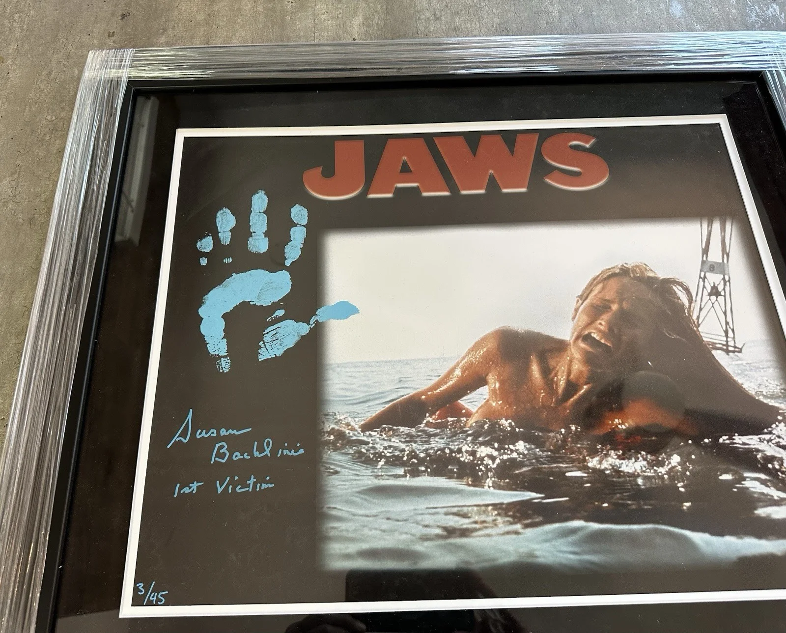 Jaws 1st Victim Susan Backlinie — JAWS 1st Victim signed Framed 16x20 photo of Susan Backlinie 28x24 Frame JSA COA, изображение 5