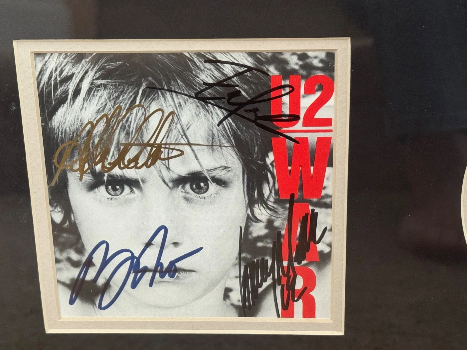Framed War CD sleeve signed by U2 Bono Edge Larry Adam. Steiner Authenticated, image 2