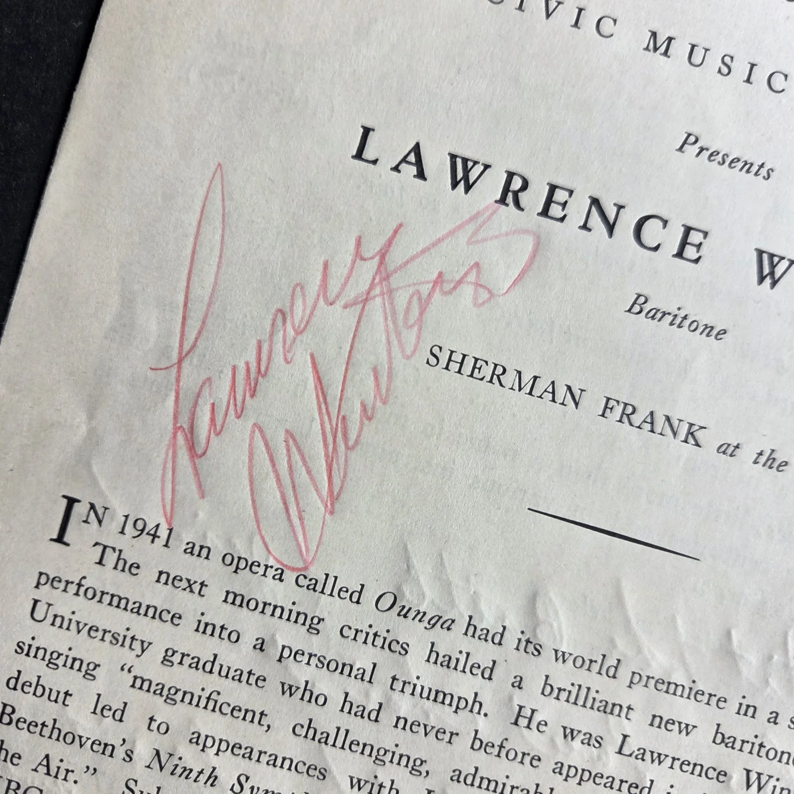 Lawrence Winters Opera Singer signed 1940's Civic Music Program 1915-1965, image 2